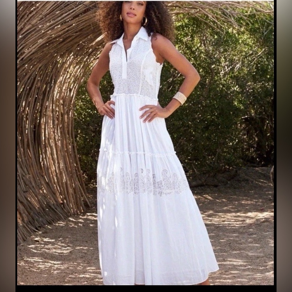 NWT Lace Inset Tiered Ankle Length Cotton Dress Pure White